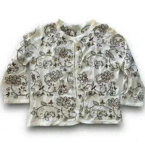 y2k white floral sequin embroidered‎ knit cardigan button up 3/4 sleeves sweater